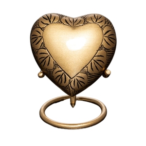 Handcrafted Brass Heart Cremation Urn Engraved Floral Pattern Small <b>Ashes</b> <b>Keepsake</b> with Stand - Product Image 1