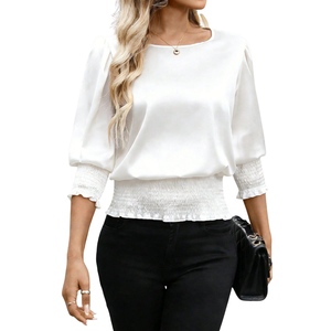 Chemisier blanc tissé à manches longues bouffantes pour femme, col rond, taille smockée, poignets élégants, coupe ample, décontracté, pour le bureau et le quotidien - Product Image 1