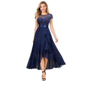 Robe élégante bleu marine pour femme avec broderie de sequins, manches courtes, jupe drapée, longueur midi, respirante, tenue de soirée pour femme - Product Image 1