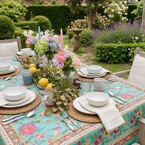 Flower Blossom Jade Gud Hand Block Printed Cotton <b>Tablecloth</b> 180x270cm Handmade Luxury Eco-friendly Designer Premium Dining Home - Product Image 6