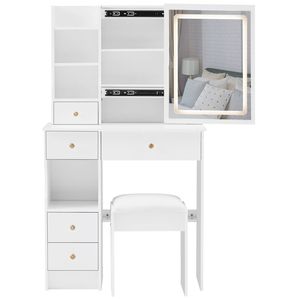 29.2\" Small-Sized Left Drawer Desktop <b>Vanity</b> <b>Table</b> Cushioned Stool Large Sliding Touch Control Tri-Color Kids' Furniture Set - Product Image 6