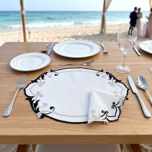 Elegant <b>Black</b> Embroidered Linen <b>Placemats</b> and Napkins Set Scalloped Edge Baroque Table Mat for Hotel Wedding Banquet Decor - Product Image 2