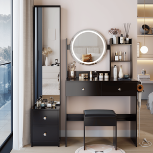 Specchio a Figura Intera con Armadietto, Tavolo da Trucco LED, Sgabello Imbottito, 2 Prese AC, 2 Porte USB, Stazione di Ricarica, Specchio LED da 17 Pollici di Diametro, Vanità per il Trucco - Product Image 6