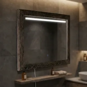 Miroir mural en chêne rustique avec cadre en bois éclairé, rectangulaire, pour salle de bain, chambre, couloir, décoration intérieure - Product Image 6