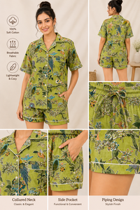 Conjunto de Pijama Floral con Estampado a Mano para Mujer, Camisa de Manga Corta y Pantalones Cortos de Algodón, Conjunto de Ropa de Dormir Informal Hecho a Mano - Product Image 6