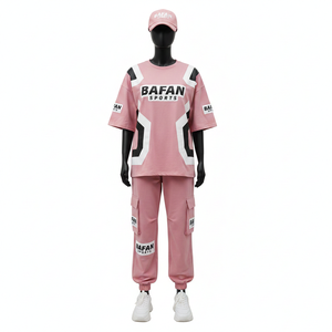 Ensemble deux pièces pour femme en coton mélangé de haute qualité, tissu respirant GSM, empiècements contrastés avec logo imprimé personnalisé. - Product Image 1