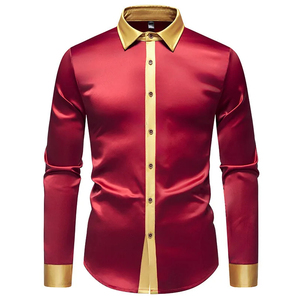 Chemise habillée en satin rouge et or pour homme, à manches longues, col rabattu, tenue formelle, infroissable - Product Image 6