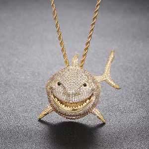 <b>Iced</b> <b>Out</b> Shark Pendant Diamond Fish Charm Micro Pave Hip Hop Jewellery Gold <b>Chain</b> Animal Bling Statement - Product Image 2