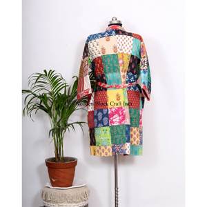 ชุดคลุมกิโมโนผ้าไหมพิมพ์ลายแฮนด์บล็อกสไตล์แพทช์เวิร์คสำหรับผู้หญิง ผ้าฝ้ายเนื้อบางเบา พร้อมเข็มขัด สำหรับชุดนอนและชุดลำลอง - Product Image 6