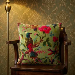 Olive Green Velvet Pillow Covers Colorful Bird of Paradise Floral Print Decorative Cushion Cover for <b>Sofa</b> <b>Bed</b> and Home Decor - Product Image 2