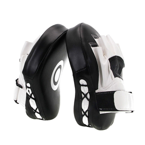 Unisex Black White Faux Leather Kick Boxing Focus Mitts <b>Velcro</b> Wrist <b>Strap</b> Fold Back Fingers Martial Arts Training Gear - Product Image 3