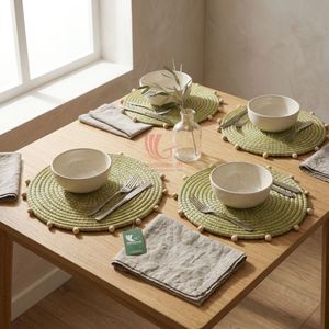 Coiled Handwoven Seagrass Round <b>Placemat</b> Green Stitched Wooden Bead Trim Heat-Resistant Customizable Boho Dining <b>Table</b> Charger - Product Image 4