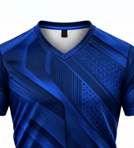 Maillot de football pour homme bleu à motif géométrique, col en V, transfert thermique, évacuation de l'humidité, nom d'équipe personnalisé, respirant, manches courtes, polyester - Product Image 3
