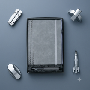 Premium grey leather <b>notebook</b> gift <b>set</b> with pen hardcover executive diary journal for professional corporate writing pad - Product Image 1
