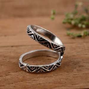 Handmade 925 Sterling <b>Silver</b> Geometric Swan Neck Splint <b>Ring</b> Oxidized Tribal Triangle Design <b>Adjustable</b> Joint Support - Product Image 3