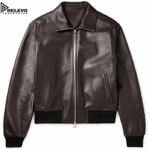 Chaqueta de Cuero Marrón Oscuro Vintage de Alta Calidad para Hombre, Chaqueta Bomber Minimalista con Cierre Completo y Cuello Extendido - Product Image 1