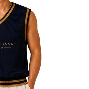 <b>Mens</b> Navy Blue Mustard Contrast Stripe Summer Knit Sweater Vest V Neck <b>Sleeveless</b> <b>Pullover</b> Casual Lightweight Custom Logo OEM - Product Image 4