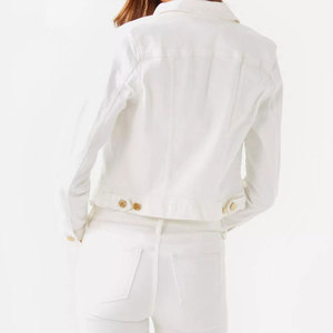 Veste en jean blanche en coton pour femme, manches longues, bouton unique, col mandarin, longueur normale, imprimé léopard, style décontracté - Product Image 4