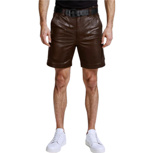 Shorts en cuir véritable marron pour homme, coupe slim, longueur genou, qualité supérieure, prix de gros, fournisseur de premier choix - Product Image 1