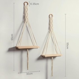 Étagère murale bohème en bois de manguier artisanal, macramé, 35 cm, vente en gros - Product Image 3
