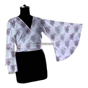 Top indio de algodón para mujer, estilo hippie retro, con lazo en la parte delantera, manga acampanada, estampado floral, informal, para fiesta, talla única - Product Image 4