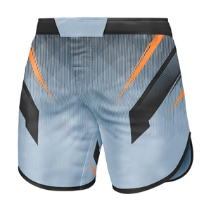 Shorts MMA bleu clair pour femmes avec imprimé noir et orange, évacuation de l'humidité, séchage rapide, légers, respirants, en polyester, coupe athlétique - Product Image 3