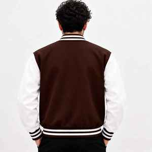 Blouson universitaire marron pour homme, manches blanches, couleur unie, boutonnage frontal, vêtement d'extérieur décontracté, coupe classique, col rabattable, pour l'automne - Product Image 2