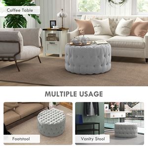 Round Gray <b>Ottoman</b> with Velvet Feel Button Tufted Design Padded Seat Upholstered Foot <b>Stool</b> for Home Office Living Room Entryway - Product Image 5