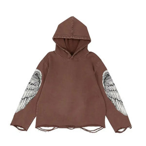 Sweat à capuche en molleton marron pour homme, coupe classique, imprimé ailes d'ange de dessin animé, ourlet déchiré, manches longues, style vintage, respirant, écologique - Product Image 1