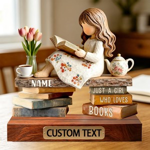 Figura Decorativa de Madera de Acacia Hecha a Mano por Aqdus Saleem, Ecológica, Duradera, Minimalista, Niña Leyendo Libros - Escultura Decorativa al por Mayor - Product Image 3
