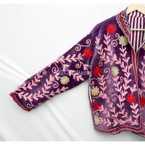 Purple <b>Velvet</b> Embroidered <b>Women's</b> Varsity Jacket Floral Hand-Stitched Mandarin Collar Winter <b>Coat</b> Full Sleeve Regular Length - Product Image 4