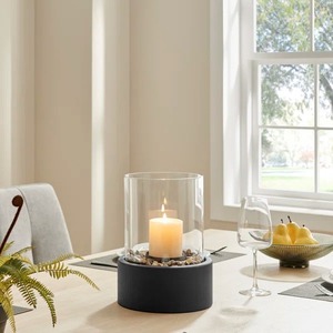 <b>Decorative</b> Antique Style Round Hurricane Candleholder With Clear Glass Cylinder Black Base Heat Resistant Reusable - Product Image 1