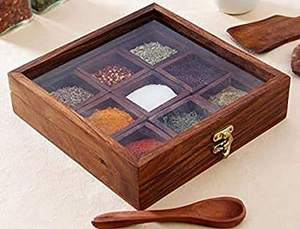 Medieval <b>Spice</b> <b>Box</b> With Spoon in Shesham Wood Handmade Kitchen Indian 9 Container With Lid Storage <b>Box</b> Gift - Product Image 4