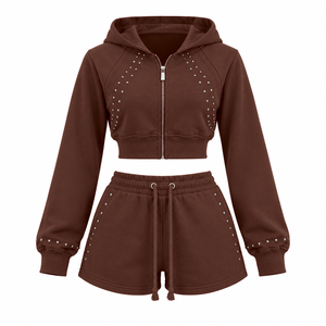 Custom Cotton Co Ord With Cropped Zip Up Hoodie High Waist Shorts and <b>Silver</b> Rhinestone Detail for Fashion Retailers - Product Image 2