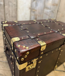 Vintage Leather Wooden Storage Trunk Antique Travel Chest <b>Coffee</b> <b>Table</b> <b>Box</b> with Brass Locks and Metal Studs Furniture - Product Image 4