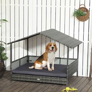 Cuccia per Cani da Esterno in Rattan Grigio con Tettoia, Cuscino Morbido e Copertura Rimovibile per Cani di Taglia Media e Grande - Product Image 2