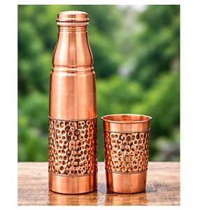 Modern Copper <b>Water</b> <b>Bottle</b> Set with Two Cups Handcrafted Dual Texture <b>Metal</b> Flask and Tumbler - Product Image 1