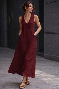 Women Linen Midi Dress Sleeveless V Neck A-Line Dress Button Detail Casual Summer Dress Loose Fit Pockets Dress - Product Image 6