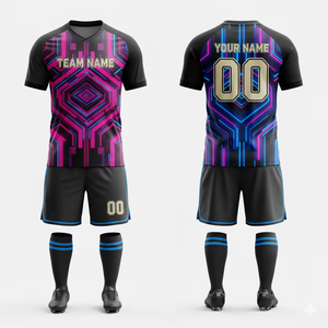 Maillot de football personnalisé rose et bleu à imprimé géométrique, col en V, sans manches, anti-humidité, unisexe, 100 % polyester, toutes saisons - Product Image 1