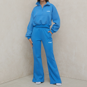 Ensemble 2 pièces bleu électrique pour femme : Sweat à capuche court zippé et pantalon de survêtement évasé taille haute en molleton - Product Image 1