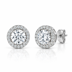 Boucles d'oreilles clous classiques de luxe Sambhav Jewels en argent sterling 925 massif avec halo de moissanite et serti à quatre griffes, idéales pour mariage - Product Image 1