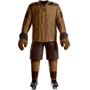 Custom Sublimation Ice Hockey Uniform Set – Professional Wood Grain Pattern Team Jersey with Matching <b>Brown</b> Shorts and Socks. - Product Image 2