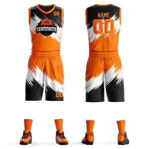 Ensemble de maillots de basket-ball sublimés personnalisés, orange, noir, blanc, col en V, sans manches, séchage rapide, uniforme d'équipe unisexe pour adultes avec logo - Product Image 5