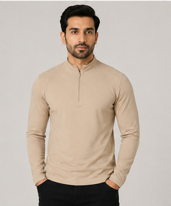T-shirt de sport pour homme à manches longues avec fermeture éclair 3/4, coupe ajustée, col roulé, vêtement de sport léger pour la course à pied - Product Image 3