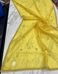 KV Women's Embroidered Bollywood Organza <b>Saree</b> with Unstitched Blouse (<b>Yellow</b>) From Uttar Pradesh In-Stock - Product Image 5