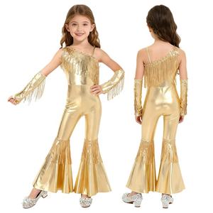 Costume de danse jazz disco pour filles de 6 à 16 ans, combinaison évasée à taille haute avec gants pour banquets, concours et spectacles - Product Image 3