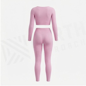 Pink 2 Piece Yoga <b>Set</b> <b>Square</b> Neck Long Sleeve Crop Top High Waist Full Length Leggings Seamless Sportswear - Product Image 2