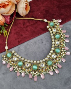 Round Uncut Stone Kundan Necklace With Matching Earring And Mangtika Designer Fashion Antique Gold Plated <b>Jewellery</b> Manufacturer - Product Image 5
