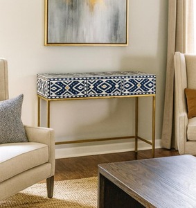 Bone Inlay <b>Console</b> <b>Table</b> With Geometric Pattern <b>Gold</b> Metal Frame Rectangular Entryway Decorative Furniture Indoor Use - Product Image 5