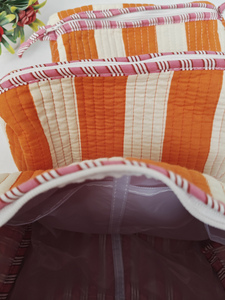 Sacs à maquillage en coton durable à rayures orange et motifs floraux imprimés, pochettes indiennes, trousse de toilette de voyage, organiseur de cosmétiques - Product Image 5